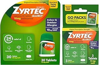 24 Hour Allergy Relief Tablets, Fast-Acting Allergy Medicine for Indoor & Outdoor Allergies, Cetirizine 10 mg Tablet Antihistamine, 30 ct Bottle & 3 Single-Dose Travel Packs Bundle Pack