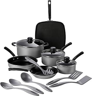 Primaware 15-Piece Non Stick Cookware Set with Lids and Utensils, Aluminum Nonstick Pots and Pans Kitchen Set (Silver)