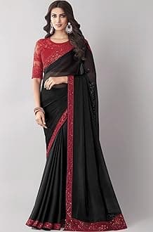 AKHILAM Women's And Girls Embroidery Lace & Sequence Embroidery Chiffon Saree With Unstitched Blouse Piece