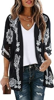 Women's Floral Print Puff Sleeve Kimono Cardigan Loose Cover Up Casual Blouse Tops