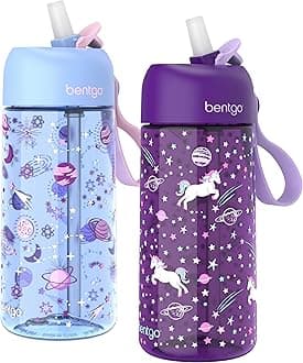 BentgoKids Water Bottle 2-Pack - New, Improved 2023 Leak-Proof BPA-Free 15 oz Cups for Toddlers & Children - Flip-Up Safe-Sip Straw for School, Sports, Daycare, Camp (Unicorn/Lavender Galaxy)