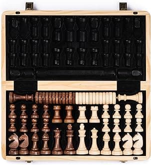 A&A 15" Magnetic Wooden Chess Set/Folding Board / 3" King Height German Knight Staunton Chess Pieces/2 Extra Queen