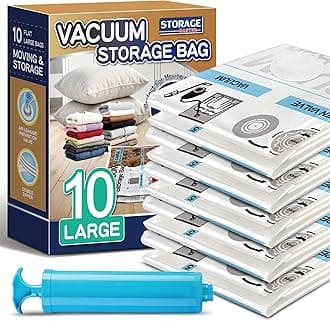 Storage Master Space Saver Bags for Travel and Home Reusable Vacuum Storage Bags Save 80% More Storage Space Work with Vacuum Cleaner (10 Large with Hand Pump)