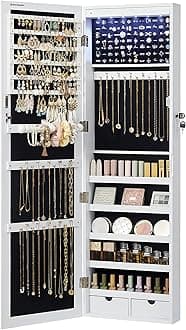 SONGMICS 6 LEDs Jewelry Cabinet Lockable Wall Door Mounted Jewelry Armoire Organizer with Mirror 2 Drawers White UJJC93W,White Jewelry Cabinet, 47.2"H x 14.6"W x 3.9"D