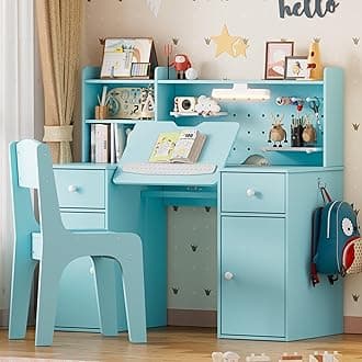PAKASEPT Kids Study Desk and Chair Set,Wooden Children Table with 3-Color Lights,Tiltable Desktop,Multi Functional for Kids 5-12,Workstation,Boys Writing Desk with Hutch,Storage Cabinet for Home