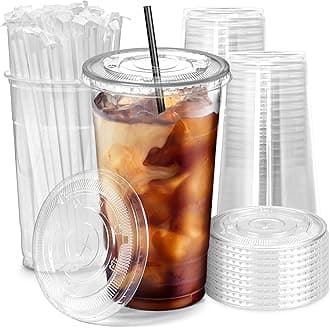 Fit Meal Prep 300 Pack 32 oz Plastic Iced Coffee Cups with Flat Lids and Black Straws, Disposable Clear Cup, BPA Free Cup for Party, Smoothie, Cold Drinks, Juice, Milkshake, Bubble Boba, Tea
