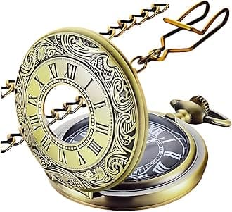 Vintage Pocket Watch with Chain Roman Numerals Scale Quartz Pocket Watches for Men Xmas Fathers Day Gift
