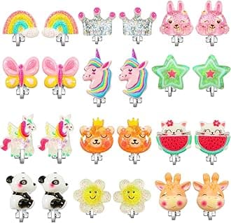 PinkSheep Clip On Earrings for Girls Kids 12 Pairs Toddler Earrings Kawaii Ladybug Unicorn Rainbow Princess Earrings Girl Gift, Acrylic, not