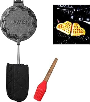 HAWOK Cast Iron Waffle Heart Shape Maker with Handle Hoder and Basting Brush……