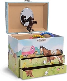 Jewelkeeper Musical Jewelry Box with 2 Pullout Drawers, Horse and Barn Design, Home on The Range Tune