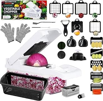 - 26-in-1 - Heavy Duty Vegetable Chopper with Container - Stainless Steel Blades - Slicer, Chopper, Spiral & Dicer for Veggies With Hand Guard, Cut Resistant Gloves & Cleaning Brushes - Black
