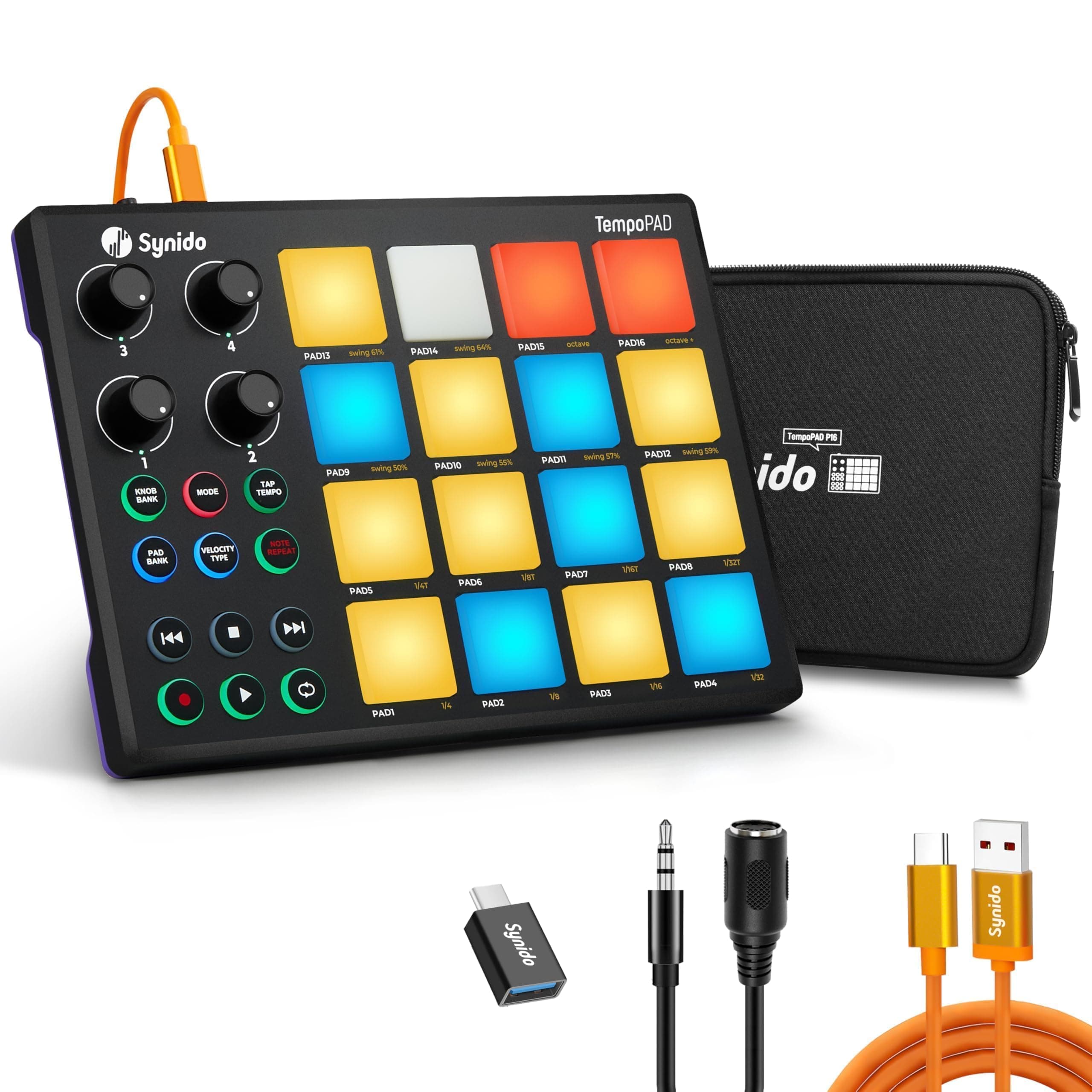 Synido TempoPAD Midi Controller Beat Maker Machine for Music Production, Portable USB MIDI Beat Pad Controller for Beginners with Durable Carrying Bag, 16 Backlit Beat Pad, 4 Assignable Knob