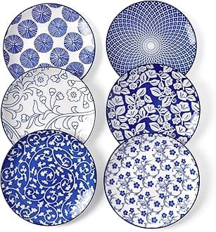 Selamica Ceramic Dessert Plates Set of 6, 6 Inch Appetizer Plates for Kitchen, Microwave & Dishwasher Safe, Vintage Blue