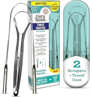 GuruNanda Spoon & U-Shaped Tongue Scraper Variety Pack (2 Pack) with Travel Case, 420 Medical Grade Stainless Steel, Promotes Fresh Breath & Oral Care