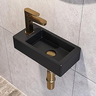 Small Bathroom Sink DeerValley, Mini Rectangle Wall Mount Vessel Sink for Bathroom Powder Room Cloakroom, Space Saving Design, Easy to Clean Matte Black Ceramic Wash Basin (Left Hand)