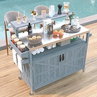 Kitchen Island with Raised Shelf, 53.3" Outdoor Rolling Grill Cart with Internal Storage Rack, Adjustable Shelf, Spice Rack, Gas Passage Design, Stainless Steel Top, Door Hooks (Blue/105)