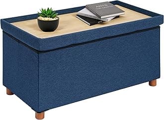 B FSOBEIIALEO Storage Ottoman with Tray, Foot Stools and Ottomans with Legs, Storage Cube Seat Linen Blue 30"