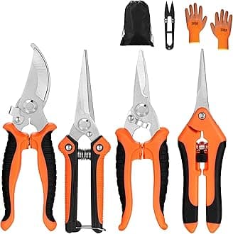5 pack Garden Pruning Shears Stainless Steel Blades, Handheld Scissors Set with Gardening Gloves,Heavy Duty Garden Bypass Pruning Shears,Tree Trimmers Secateurs, Hand Pruner (Orange)