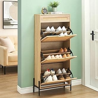 3 Flip Drawers Shoe Storage Cabinet with 1 Drawer, Rattan Shoe Organizer with Metal Legs, Freestanding Narrow Shoe Rack Cabinet for Entryway, Oak