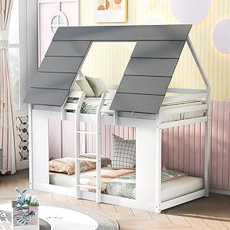 MeraxTwin Over Twin House Bunk Bed Frame with Roof and Built-in Ladder for Boys Girls,White & Grey