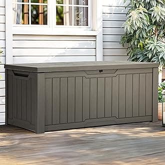 YITAHOME Outdoor Storage Box, 120 Gallon Waterproof Deck Box for Garden Tools, Patio Cushions, and Pool Accessories, Lockable, Easy Assembly, Versatile Bench or Table (Light Brown)