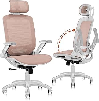 GABRYLLY Ergonomic Office Chair, High Back Home Desk Chair with Headrest, Flip-Up Arms, 90-120° Tilt Lock and Wide Cushion, 300LBS Mesh Chairs for Man Woman, White Task Chair(Pink,GY01WPK)