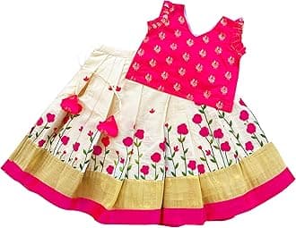 Stanwells Kids Orange and Magenta combo south indian Baby girls mirror work net Lehenga Choli set (3months to 8Years)