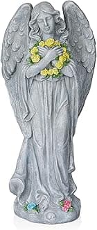 Alpine Corporation MCC832 Angel with Yellow Flower Wreath Statue, Meaningful Décor for Garden, Patio, & Lawn, 29" H, Multicolor