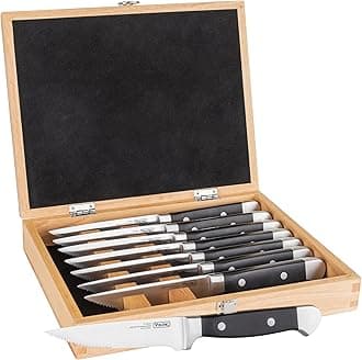 Viking Steak Knife Set, 8 Piece Stainless Steel Knives with ABS Polymer Handles and Wooden Box, Hand Wash Only, Black