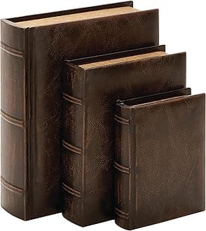 Library Wood Leather Book Set/3 13", 10", 8"H
