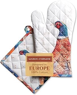 Maison d' Hermine Faisan D'Automne 100% Cotton Set of Oven Mitt (19cm x 33cm) and Pot Holder (20cm x 20cm) for BBQ | Cooking | Baking | Grilling | Microwave | Barbecue | Thanksgiving/Christmas