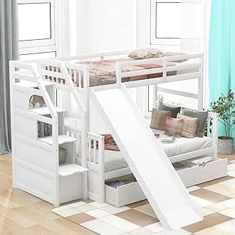 Twin Over Full Bunk Bed with Staircase and Slide Storage Solid Wood Bunk Beds with Storage Drawers for Kids, No Box Spring Needed