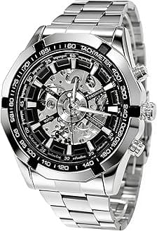 Mens Watches, Mechanical Skeleton Stainless Steel Waterproof Automatic Self-Winding Watch for Men, Luxury X Dial Steampunk Wrist Watch