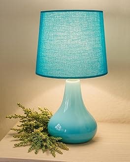 Homesake Modern Small Ceramic Table Lamp, Classic Bedside Desk lamp for Living Room Bedroom, Farmhouse Nightstand Lamps with Fabric Shade (Blue)