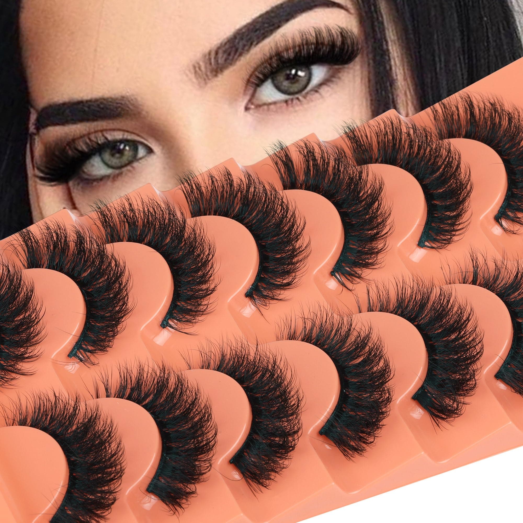 Focipeysa Fluffy Volume False Eyelash Cat Eye Lashes Thick Fake Eyelashes Dramatic Faux Mink Eyelash 9D Eyelashes 16mm Eyelashes Pack 7 Pairs Lash Pack
