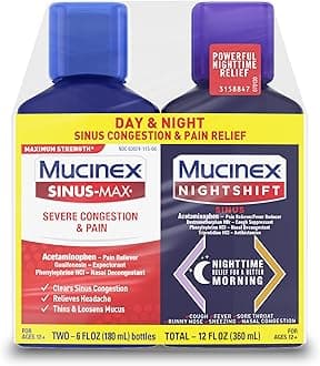 Mucinex Maximum Strength Sinus-Max Severe Congestion & Pain + Nightshift Sinus Liquid, Cold and Flu Medicine for Adults, Over-the-Counter Medication for Multi-Symptom Relief, 2x6 Fl Oz