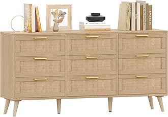 9 Drawer Double Dresser for Bedroom, Rattan Chest of Dressers, Modern Wooden Dresser Chest with Golden Handles, Beside Table for Closet, Living Room and Entryway, Natural
