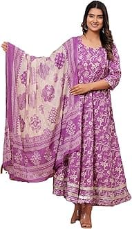 MEERA FAB Women's Cotton Printed Anarkali Kurta with Palazzo & Dupatta Set with Dori
