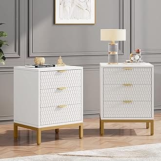 Tribesigns Nightstand Set of 2, 3-Drawer Tall Bedside Table with Storage, Modern Stylish Side Table for Bedroom, Living Room， White and Gold