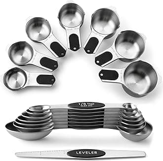 Magnetic Measuring Cups & Spoons Set, Patented, Strong N45 Magnets, Heavy Duty Stainless Steel Fits in Spice Jars for Baking & Cooking, BPA Free, Round Set of 15 with Leveler, Black