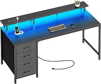 Huuger 55 Inch Computer Desk with Power Outlets and LED Lights, Gaming Desk with 4 Drawers, Office Desk with Monitor Stand, Study Work Home Office, Black