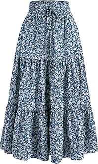Floral Maxi Skirt for Women Summer Comfy Tiered Elastic High Waisted Skirts Vacation A-Line Flowy Swing Long Skirts