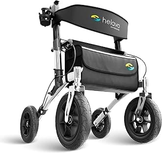 Helavo Aluminium Rollator with Puncture-proof Solid Rubber Tyres for Outdoor Use - Foldable, Comfortable & Adjustable Height, Silver, Adult/Senior