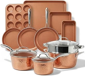 Gotham Steel Hammered 15 Pc Ceramic Cookware Set Nonstick, Induction Pots and Pans Set Non Stick with Bakeware Set & Steamer for Cooking, Non Toxic PFOA PFOS Free, Oven & Dishwasher Safe - Copper