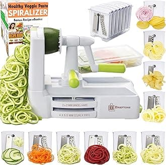 Brieftons 10-Blade Vegetable Spiralizer: Zucchini Spiral Slicer & Veggie Noodle Maker, Japanese Steel Blades, Catch Container, Strong Suction Cup, Blade Caddy, 4 eBooks | Low Carb, Vegan, Gluten-Free