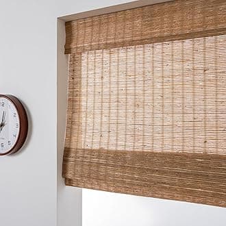 FACIMI Cordless Blackout Roman Bamboo Shades, Light Filtering Natural Woven Shades with 6 Inches High Valance, Custom Room Darkening Privacy Lined Bamboo Blinds for Windows, Doors, Line Brown