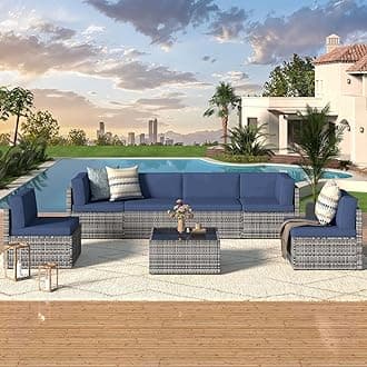 U-MAX 7 Piece Outdoor Patio Furniture Set, PE Rattan Outdoor Wicker Sectional Furniture Chair Set with Cushions and Tea Table, Grey Rattan and Navy Cushion