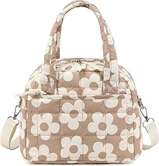 Lunch Box for Women Lunch bag Quilted Puffer Insulated Lunch Box with Adjustable Strap Reusable LunchBox for Work School Picnic Travel (Big Flower Brown)