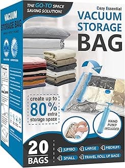 Cozy Essential 20 Pack Vacuum Storage Bags, Space Saver Bags (4 Jumbo/4 Large/4 Medium/4 Small/4 Roll) Compression for Comforters and Blankets, Sealer Clothes Storage, Hand Pump Included