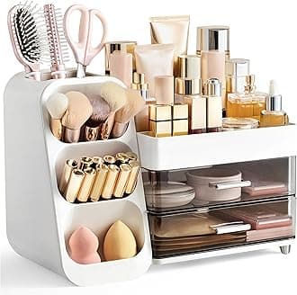 HBlife Makeup Organizer with Brush Holder for Vanity, Large Plastic Bathroom Countertop Organizer Skin Care Storage, Easy to Store Lipsticks, Nail Polishes, Perfumes, Eyeshadow Palettes, White
